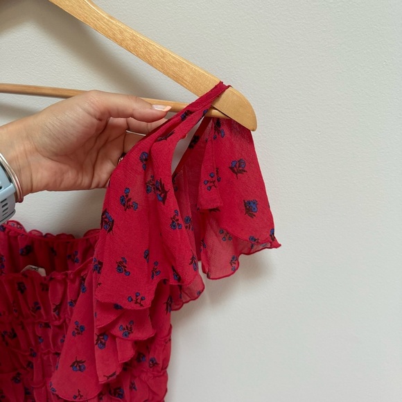 Free People Intimacy Bodysuit Red with Blue Flowers Size Small - Picture 4 of 10